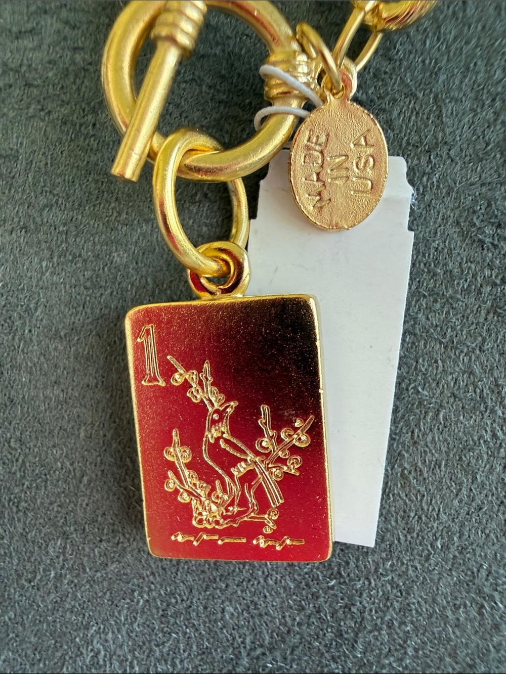 Gold-Plated Red Enamel Charm Necklace with Bird Motif